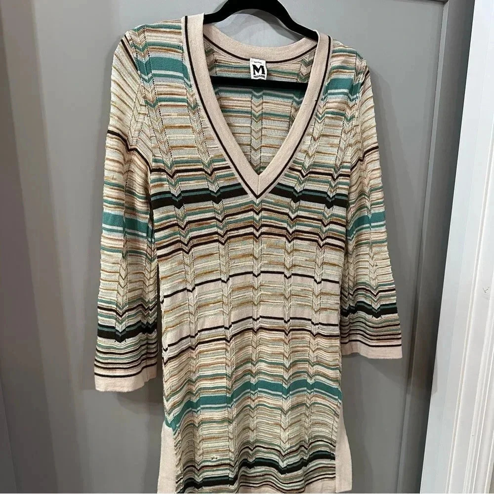 M Missoni Dress Multicolor Knitted V-Neck Long Sleeve Beach Dress Wool Size 8 - Picture 2 of 10